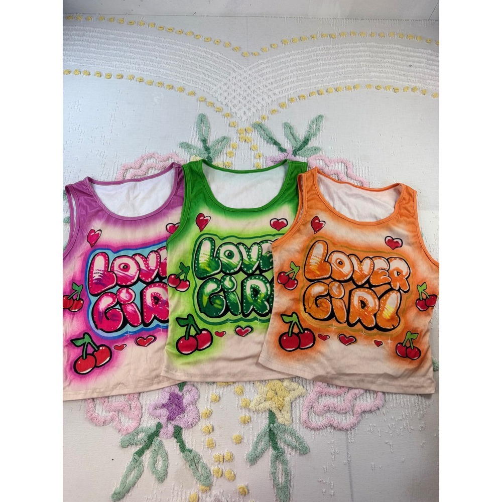 Shein Airbrushed Cherry Graphic Ribbed L Tank Tops Set Women's‎ Crop Top Bundle